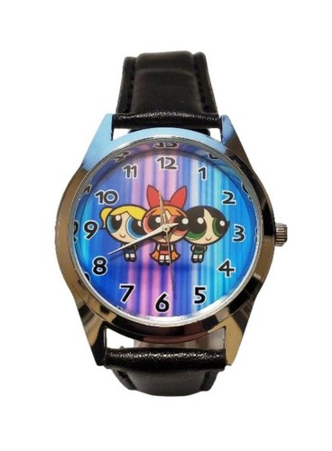 Powerpuff Girls Cartoon Black Leather Band Wrist Watch - 第 1/1 張圖片