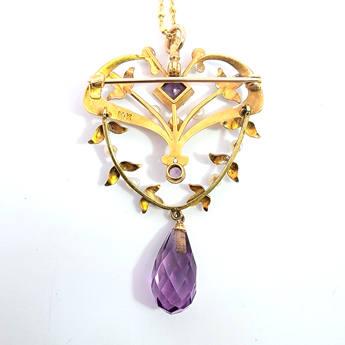Pendentif Art Nouveau Or Jaune 14k – Améthyste .40ct Et Perle – Lavallière Ancien