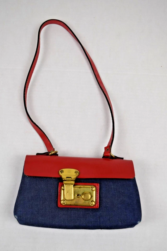 Vintage Purse Daveys 40s Red Blue Leather Denim Structured Bag Metal Clasp 8"X5" - Image 4 of 4