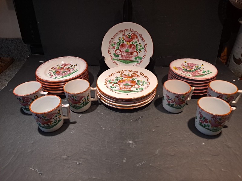 24 Pc Antique Hand Painted French Faience Rooster on Flower Basket Lunch Set