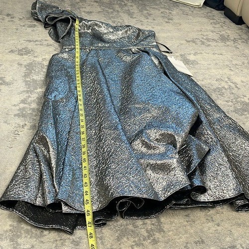 NWT Mac Duggal One Shoulder Bow Ruffle Metallic Silver Jacquard Midi Dress Sz 10 - Picture 10 of 12