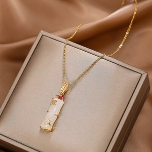 Authentic 18K Gold Plated White Jade Lucky Bamboo Shaped Pendant Necklace