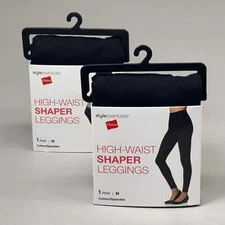 HANES (2 PACK) High Waist Shaper Leggings Cotton/Spandex Womens Sz M Black 44186