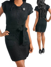 Black Button Tab Adorned Belt Tie Short Sleeve Sweater Pocket Cardigan Dress L