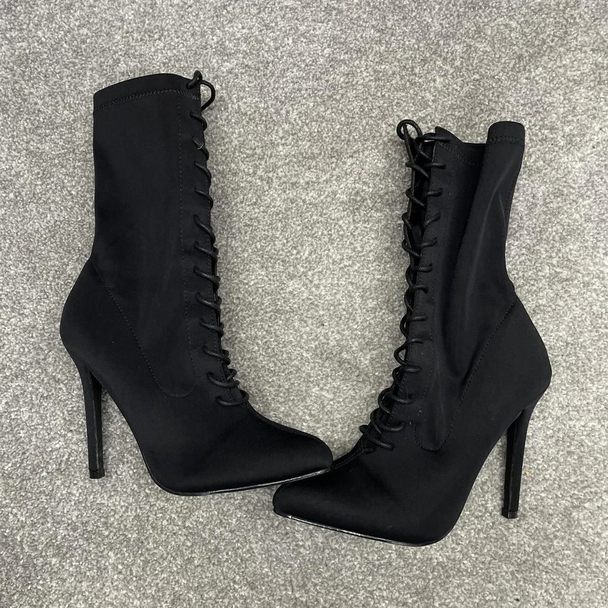 PLT BLACK SATIN HIGH HEEL BOOTS POINTED TOE LACE UP MID CALF Y2K Size UK 4
