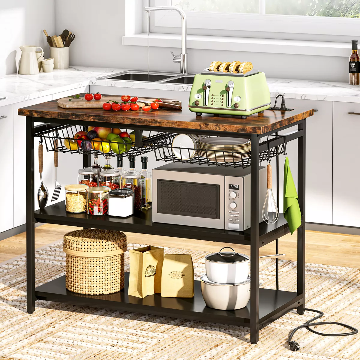 Rustic Wood Kitchen Island with Power Outlet Storage Shelves Baskets Metal  Frame