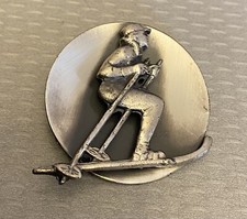 MCM Vintage Ski Brooch Brushed Pewter Downhill Racer Skiing