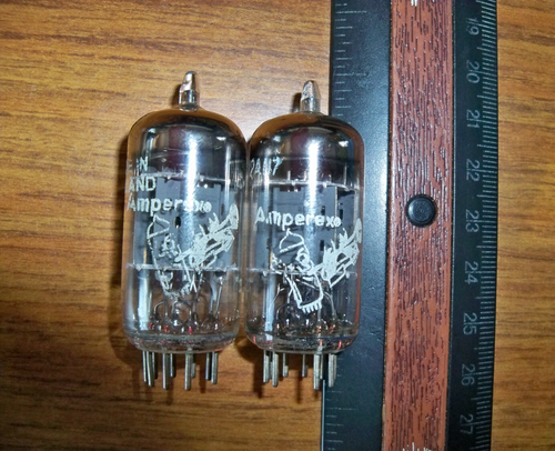 2 Lower Testing AMPEREX BUGLE BOY Short Gray Plate O Getter 12AU7 Tubes - Δ code