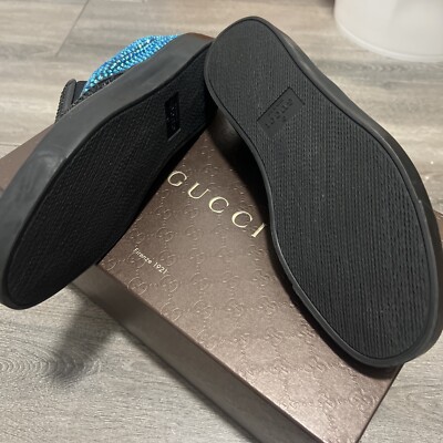 GUCCI CRYSTAL SATIN SLIP ON SNEAKERS SHOES BLACK TEAL MENS  display picture 1