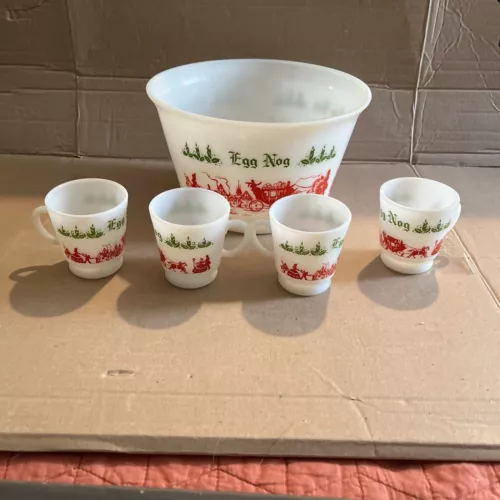 Vintage Hazel Atlas 5pc Milk Glass Egg Nog Bowl And 4 Mugs