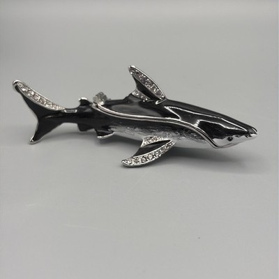 Trinket Box Black Shark Crystal Jeweled Enameled Hinged - See Video