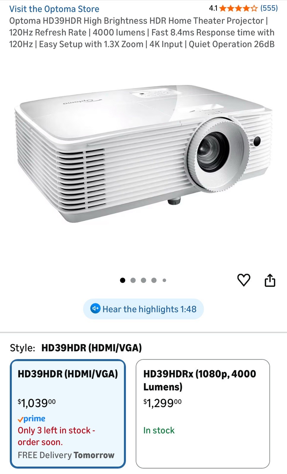 Optoma HD39HDRx 1080p (FHD) 4000 Lumens DLP Home Theater Projector