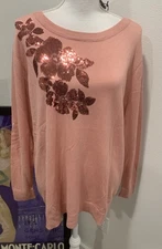 NWT DG2 Diane Gilman XL Quad Blend Sequin Floral Sweater Pink Autumn Fall NEW