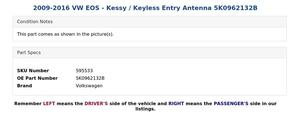 VW EOS 2009-2016 - Kessy/antena de entrada sin llave 5K0962132B Foto 4 de 4