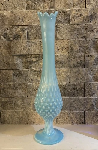 Vintage Fenton Blue Opalescent Hobnail Bud Vase / Swung Vase 10”