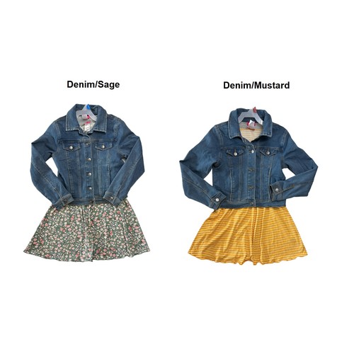 Conjunto de vestido de manga corta con ajuste y acampanado chaqueta vaquera de 2 piezas para niñas Zunie