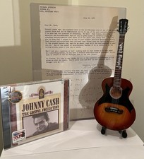 JOHNNY CASH PSA/DNA SIGNED LETTER w BRAND NEW REPLICA GUITAR, STAND & GOSPEL CD