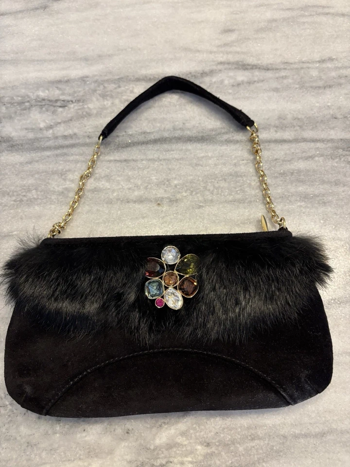 Bolso de Mano Isabella Negro Gamuza Piel Cristal Swarovski Negro De Colección Foto 2 de 4