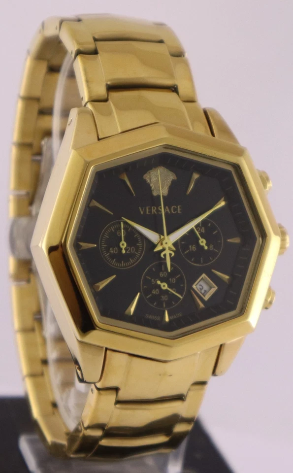 Reloj de lujo Versace de cuarzo cronógrafo esfera negra caja chapada en oro con caja 'fecha' para hombre Foto 3 de 4