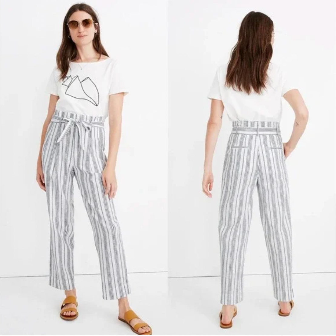 Madewell Linen-Cotton Paperbag Pants Dark Baltic Stripe Size 4 Casual Beachwear