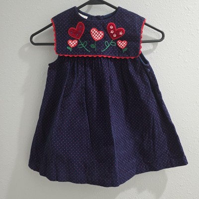 Samara Blue Red Polka Dot Corduroy Bib Dress Heart Appliqué 4T Vintage Toddler