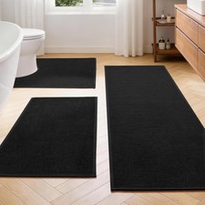 Black Bathroom Rugs Sets 3 Piece, Quick Dry Thin Bath Mat with Toilet Rug, Non