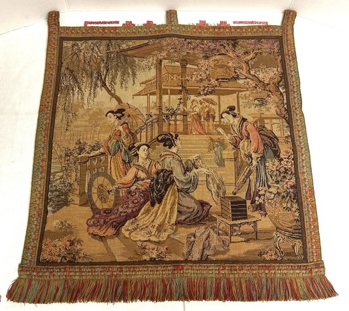 Flemish Style Petit Point Woven Tapestry Wall Hanging Japanese Market Scene - Picture 12 of 16