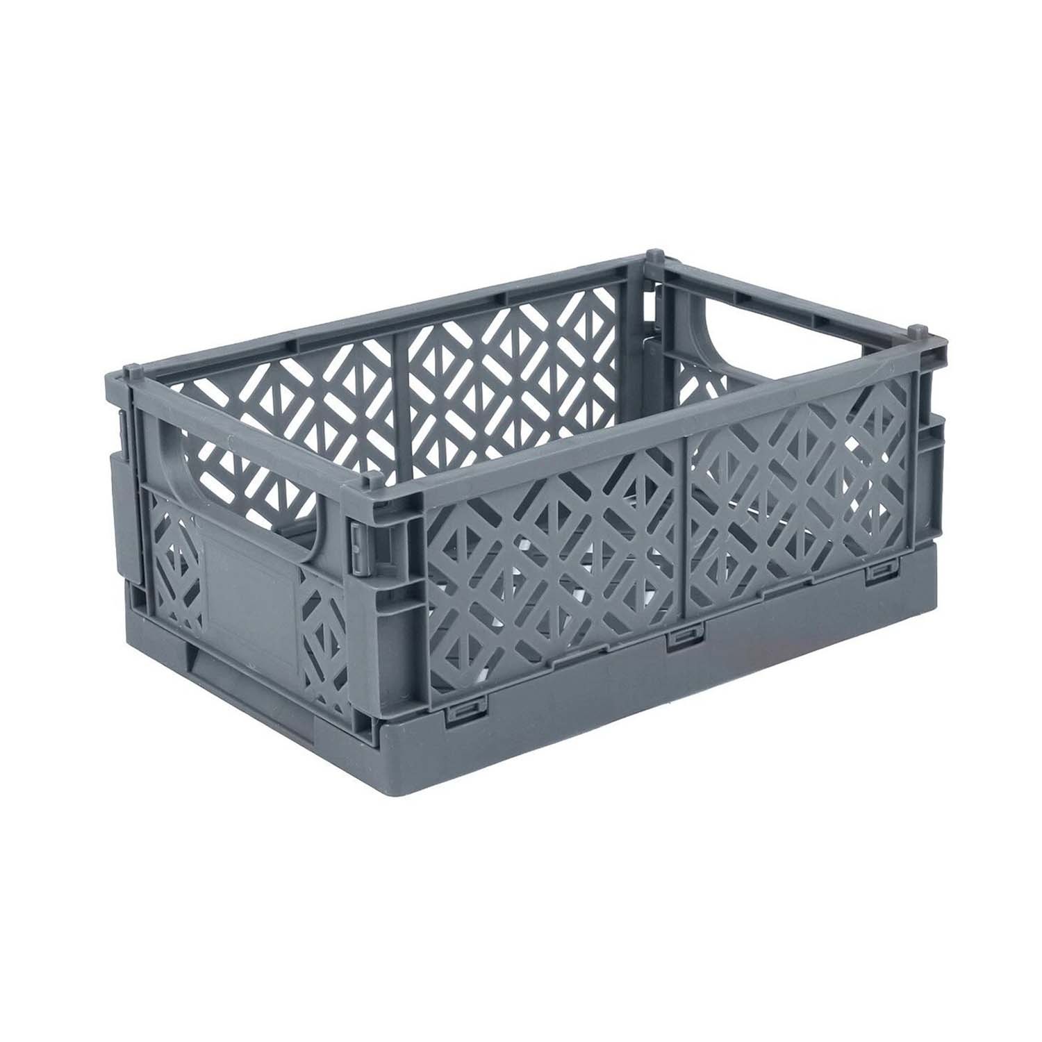 Mini Folding Crate Grey Plastic Stacking Storage Basket Collapsible Kitchen Box