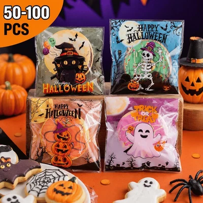 50-100x Halloween Spooky Smiles Cellophane Party Bags Trick Treat Sweet Cookie - Image 1 of 4