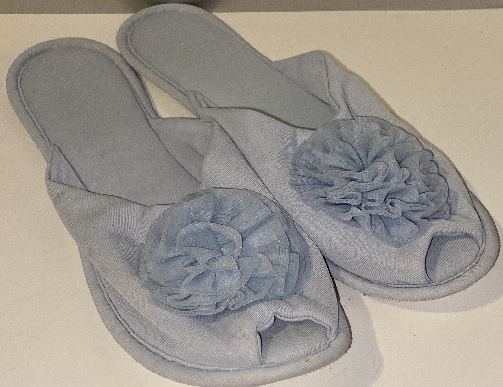 Vintage Nylon Peep Toe House Shoes Slippers Size 6.5-7.5 Blue Puff Rose-image