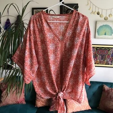 MAX STUDIO size 2X Orange & Cream Kaleidoscope Print Kimono Sleeve Top Bohemian