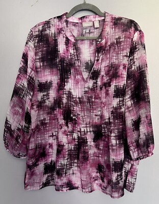 Women's Size 2 Chico's Digital Bleed Stripe Long Sleeve Oversized Pink Blouse