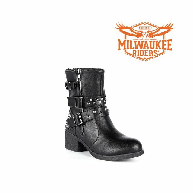 Women's Black Leather Biker Boots w Buckles Studs Ride in Style Biker