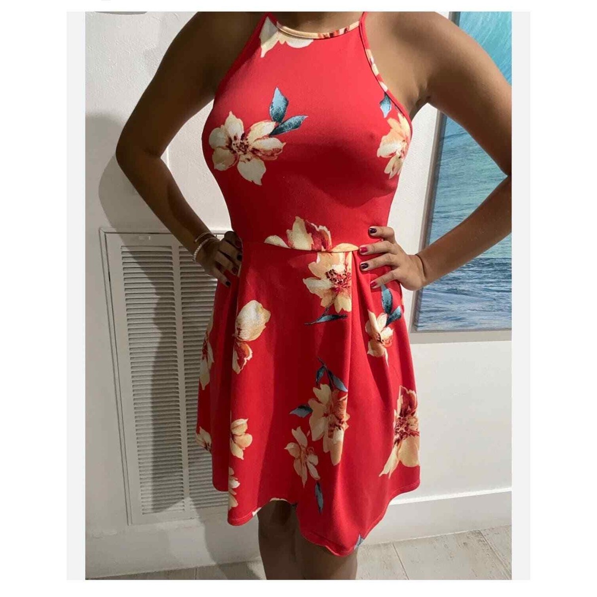 Coral Summer Fit and Flare Dress with Floral Print | eBay