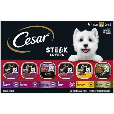 CESAR Wet Dog Food Steak Lovers Variety Pack 36 Count Real Meat Trays