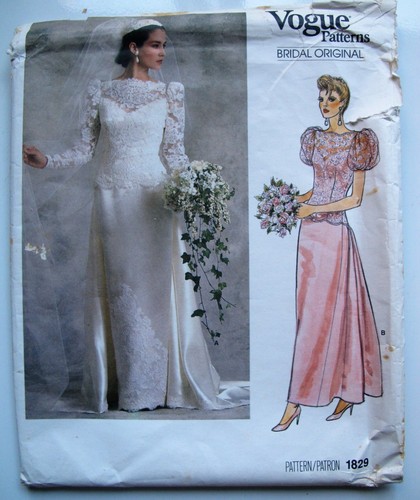 Vogue 1829 Bridal Original DRESS Gown long short slv Sz 12 Uncut Unused Vintage - Picture 1 of 2