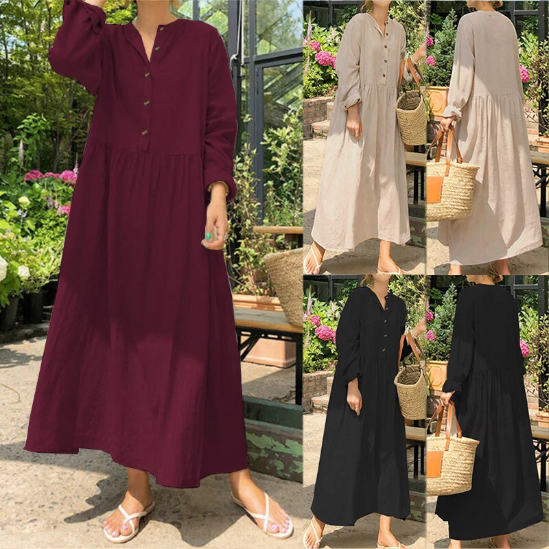 UK Women Long Sleeve Sundress Oversized Ladies Casual Loose Long Maxi Dress - Image 3 of 4