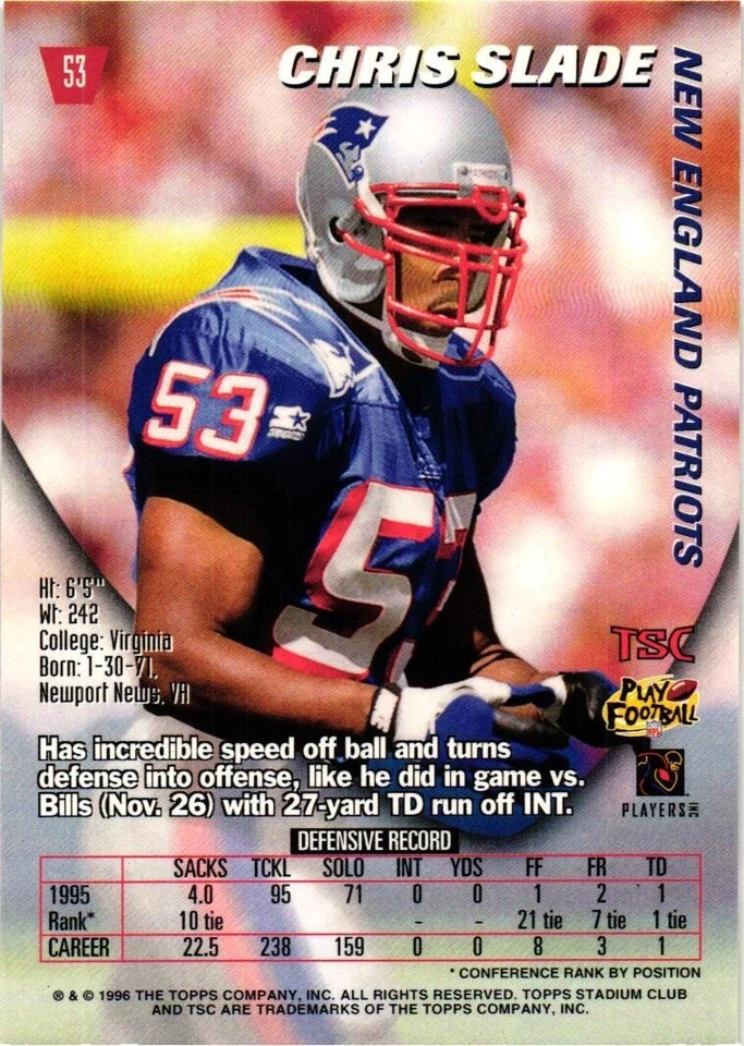 1996 Stadium Club  #53 Chris Slade New England Patriots - Image 2 of 2