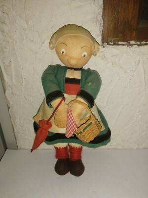 Alte kleine Puppe BECASSINE mit Korb und Regenschirm 50er Jahre
