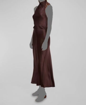 vince brown silk dress Feather-Embellished Drape-Neck Halter Dress, Truffle, Size 8
