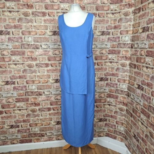 BLACKY Dress Blue Long Length Shift UK 12 Straight Layered Linen Blend - Afbeelding 1 van 13