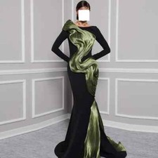 Exquisite Ribbons Contrast Color Long Sleeve Evening Dresses Mermaid Prom Gowns
