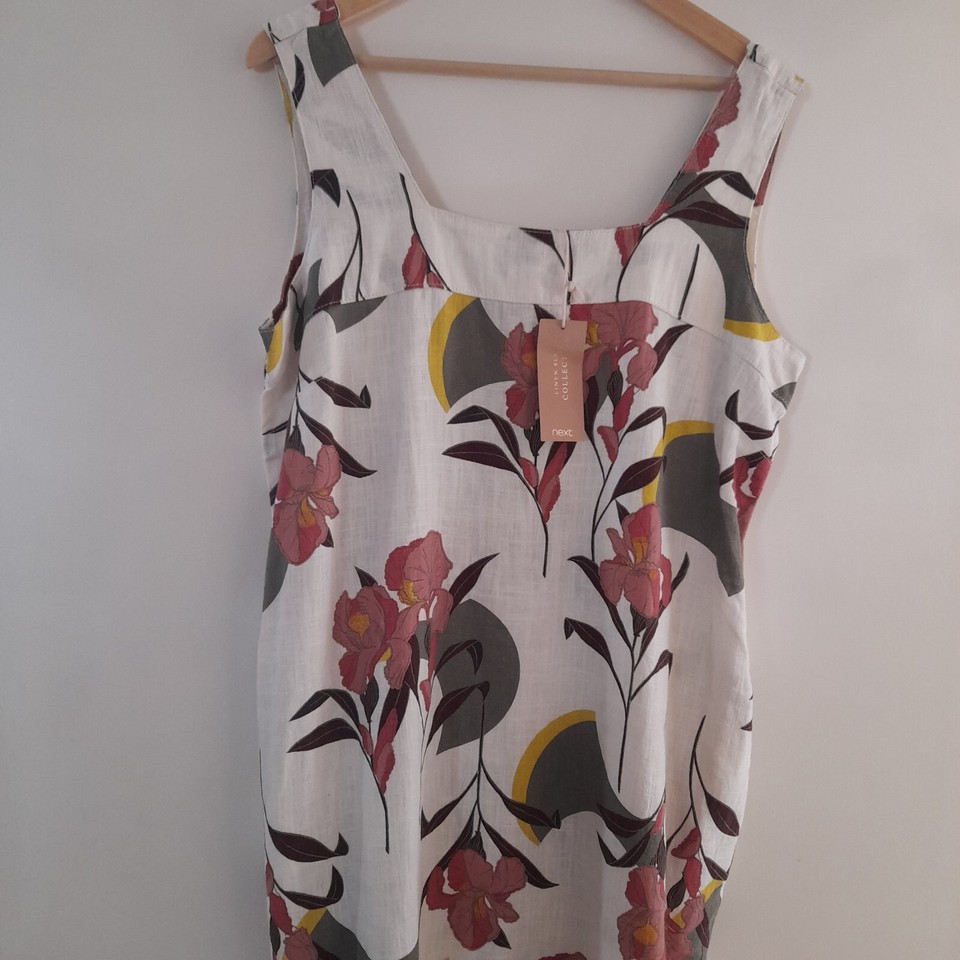 NEW NEXT Linen Blend Ivory Floral Summer Shift Dress Tunic UK Size 16