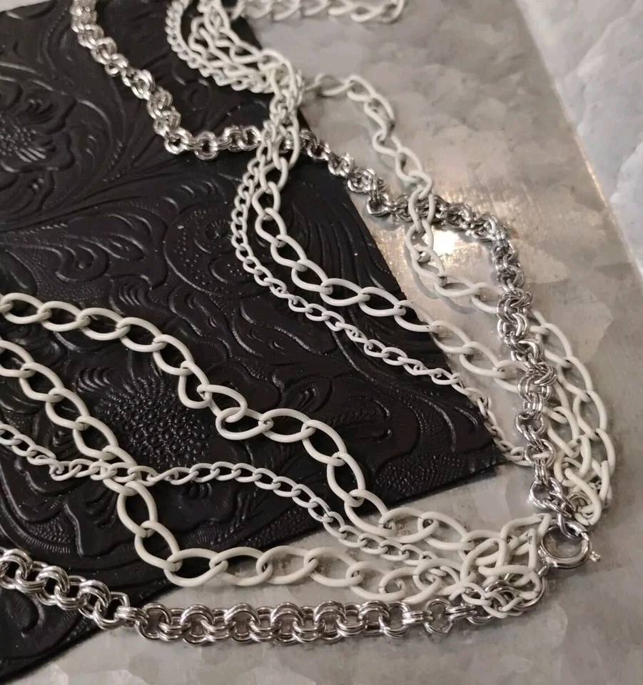 Multi Strand White Enamel and Silver Chain 34" w/Bar Links Accents Necklace! - Image 2 of 4