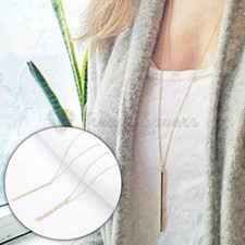 Yellow Gold Long Lariat Chain Metal Strip Bar Pendant Drop Dangle Charm Necklace