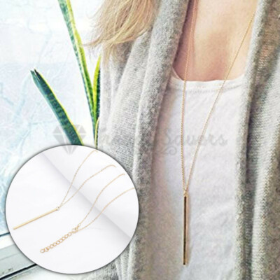 Yellow Gold Long Lariat Chain Metal Strip Bar Pendant Drop Dangle Charm  Necklace UK