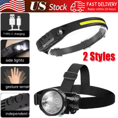 COB LED Headlamp USB Rechargeable Headlight Torch Work Light Bar Head Band Lamp