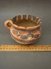 HAND PAINTED FLOWER LEAF GEOMETRIC TERRA COTTA RED CLAY HANDLED BOWL POT JUG