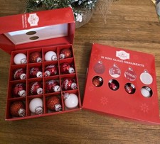 32 Holiday Time Mini 1" Glass Christmas Ball Ornaments Red White Snowflake Vine