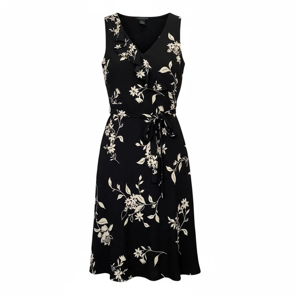 Vestido de Seda The Limited 8 Negro Floral Envolvente Volantes Boda Invitado Officecore Elegante Foto 2 de 4